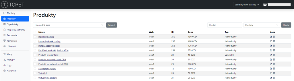 Přehled produktů v Toret Manageru.