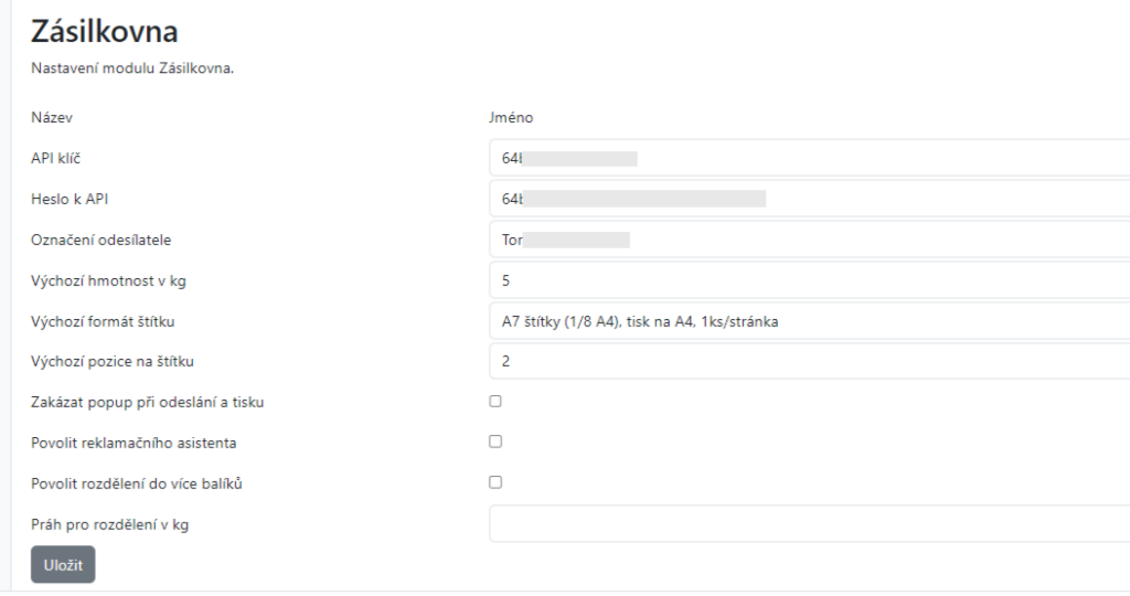 Nastavení modulu Zásilkovna v Toret Manageru