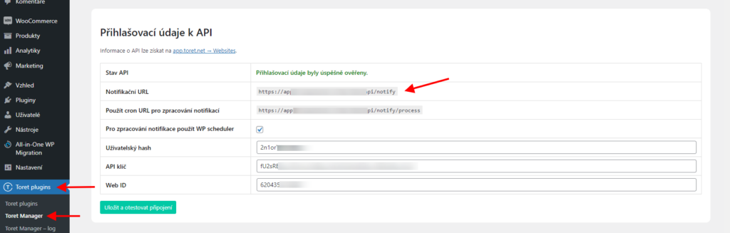 Notifikační URL v pluginu Toret Manager