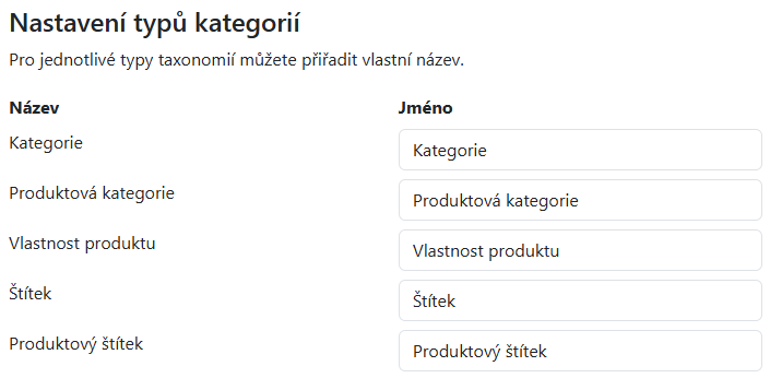 Nastavení typů kategorií