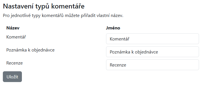 Nastavení typů komentáře