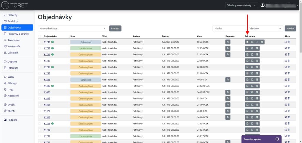 Fakturace z přehledu objednávek v Toret Manageru