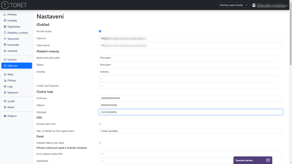 Nastavení fakturace v aplikaci Toret Manager