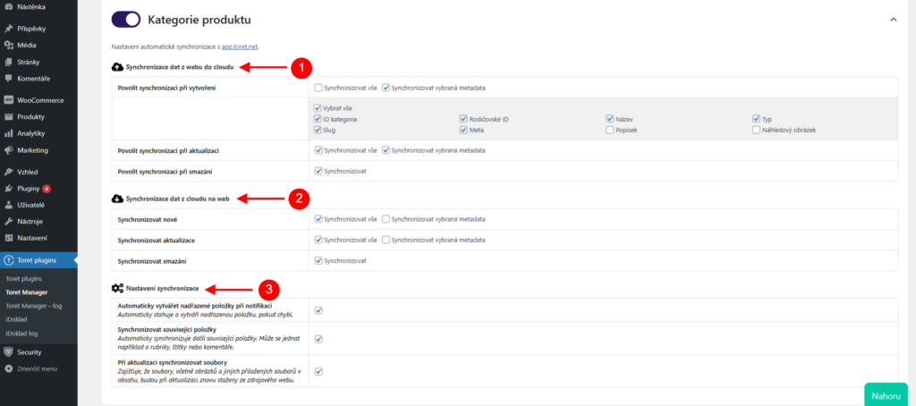 Nastavení synchronizace kategorií v nastavení Toret Manageru