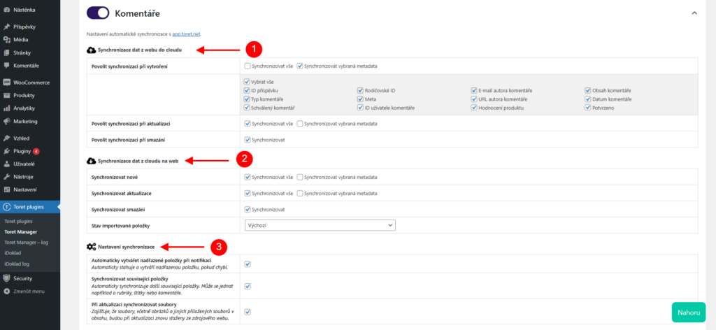Nastavení synchronizace komentářů v Toret Manageru