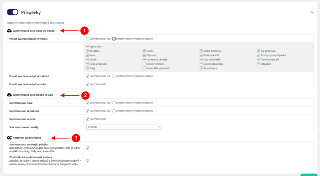 Nastavení synchronizace příspěvků v Toret Manageru