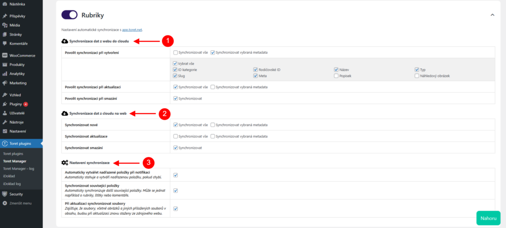 Nastavení synchronizace rubrik v Toret Manageru