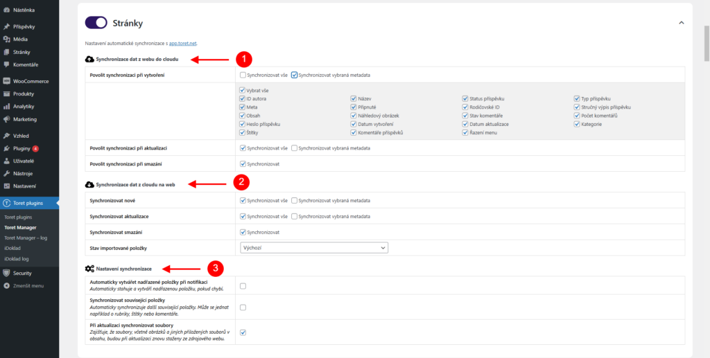 Nastavení synchronizace stránek v Toret Manageru